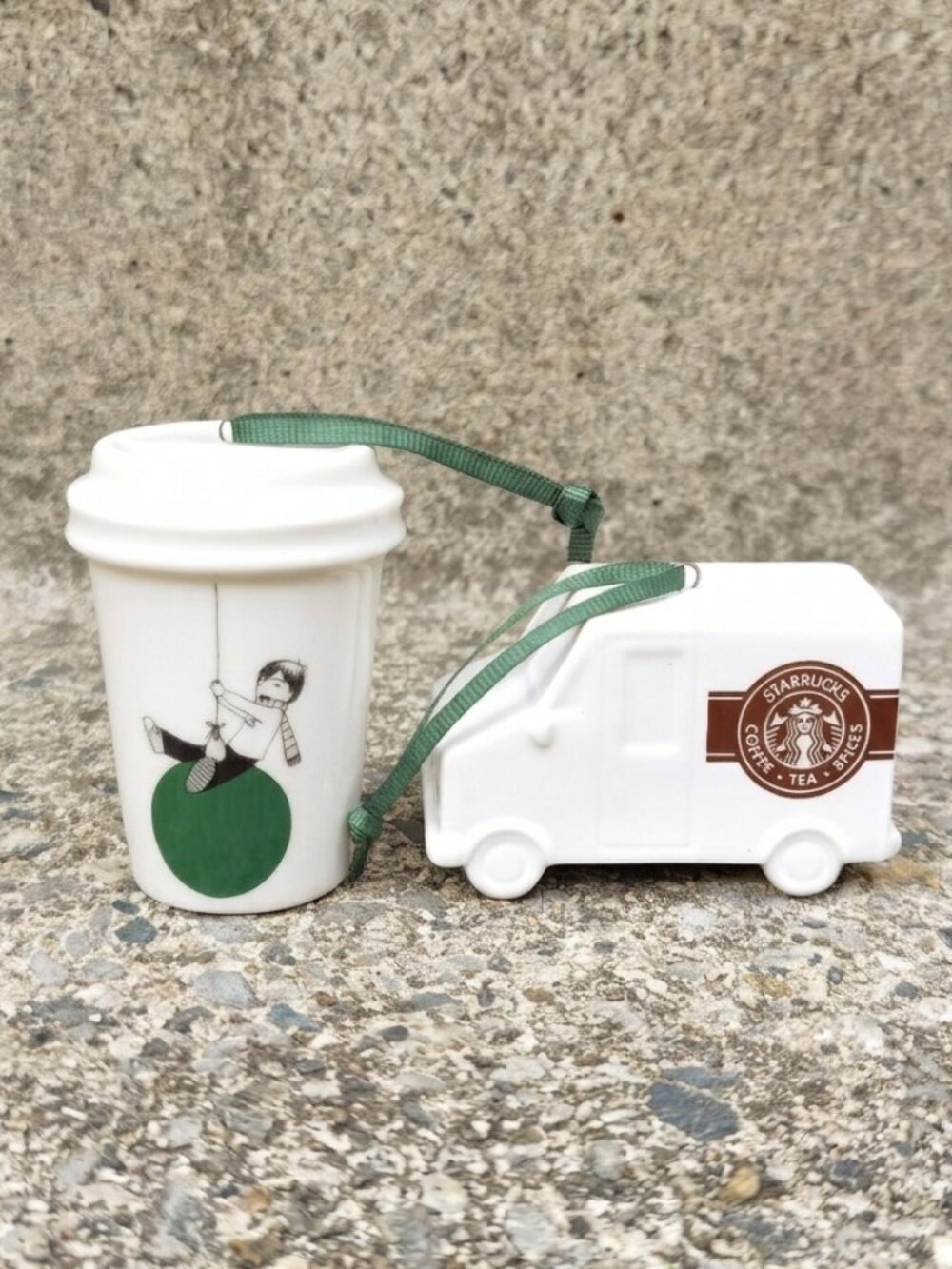 2015 Starbucks Ceramic Christmas Ornaments Set Boy on Balloon & Delivery Truck